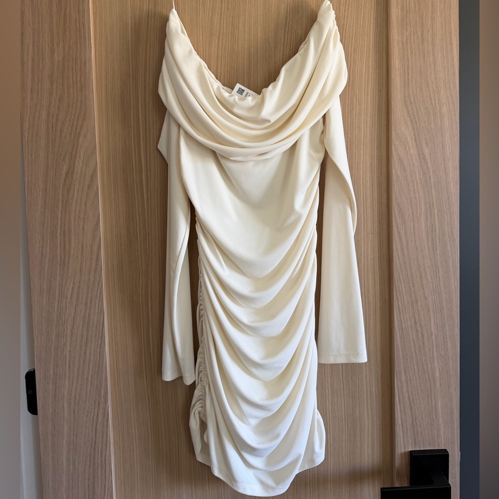 Zara Cream Draped Off-Shoulder Long Sleeve Dress